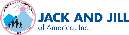 Logo of Jack and Jill of America, Inc., featuring a mountain with a pink sun, children holding hands, and the organization name in bold blue letters.