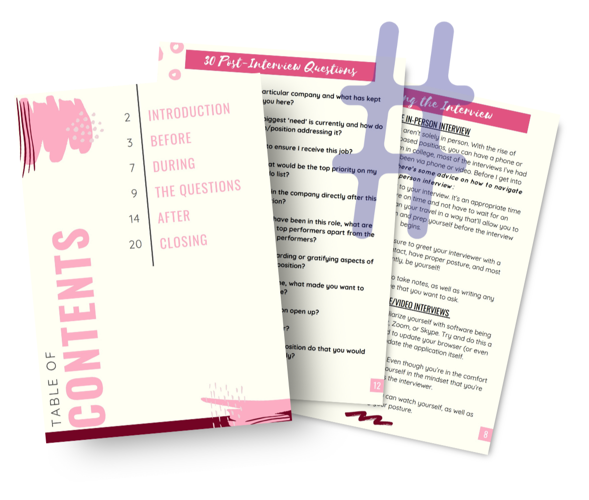 A set of pages from a printed guide on interview questions and tips, with a pink and white theme, including a page titled '30 Post-Interview Questions' and sections on preparing for an interview.