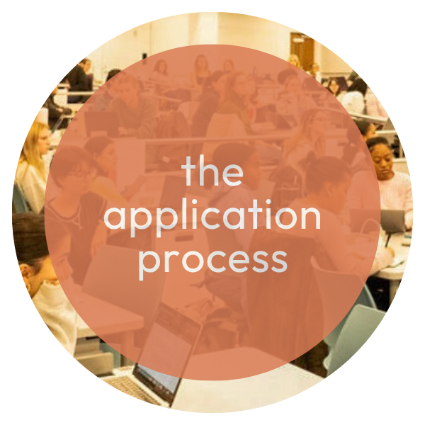 A classroom with students and a presentation slide overhead that reads "The Application Process".