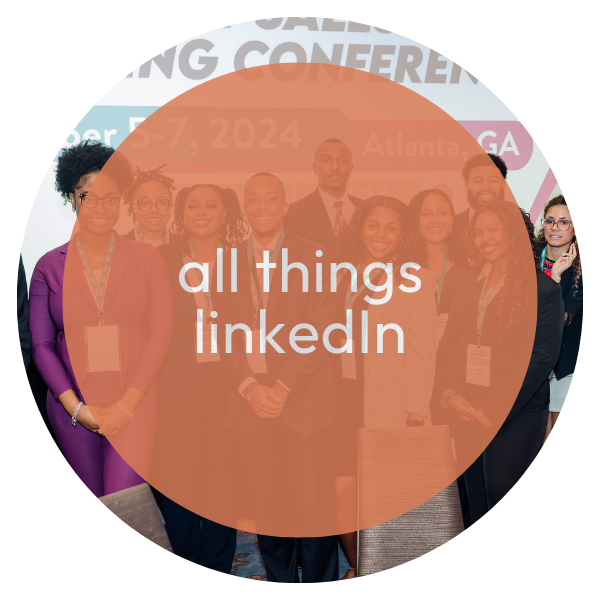 A diverse group of people at a conference, standing in front of a banner that reads 'Conference, November 5-7, 2024, Atlanta, GA'. Overlaid text says, 'All Things LinkedIn'.