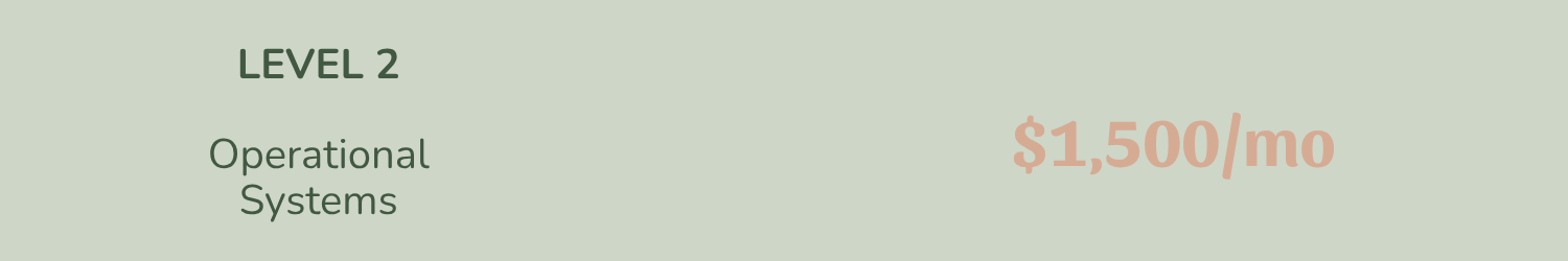 Text showing 'LEVEL 2', 'Operational Systems', and a price of '$1,500/mo' on a light green background.