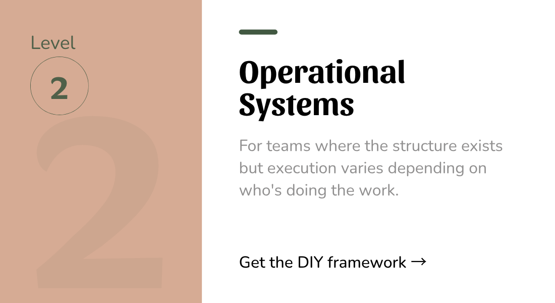 Design page for level 2 of a guide titled 'Operational Systems'. It describes systems for teams with flexible execution based on who is doing the work, with a note to get the DIY framework.