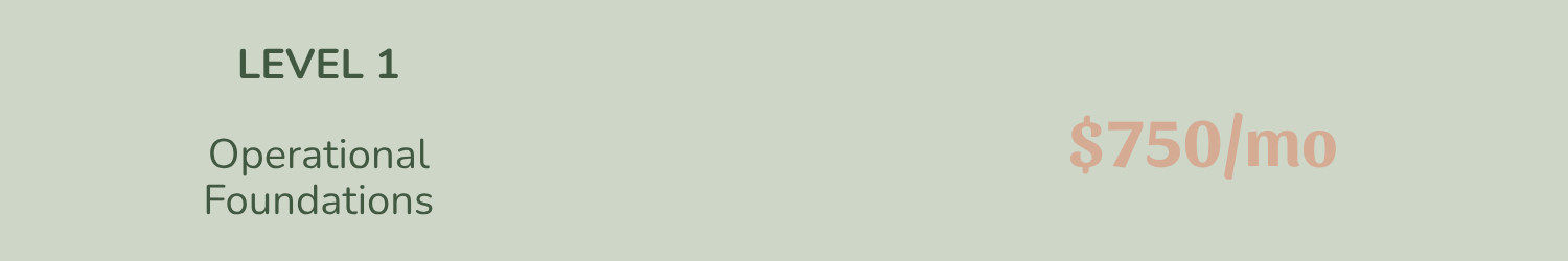 Text indicating 'LEVEL 1, Operational Foundations, $750/mo' on a light green background.