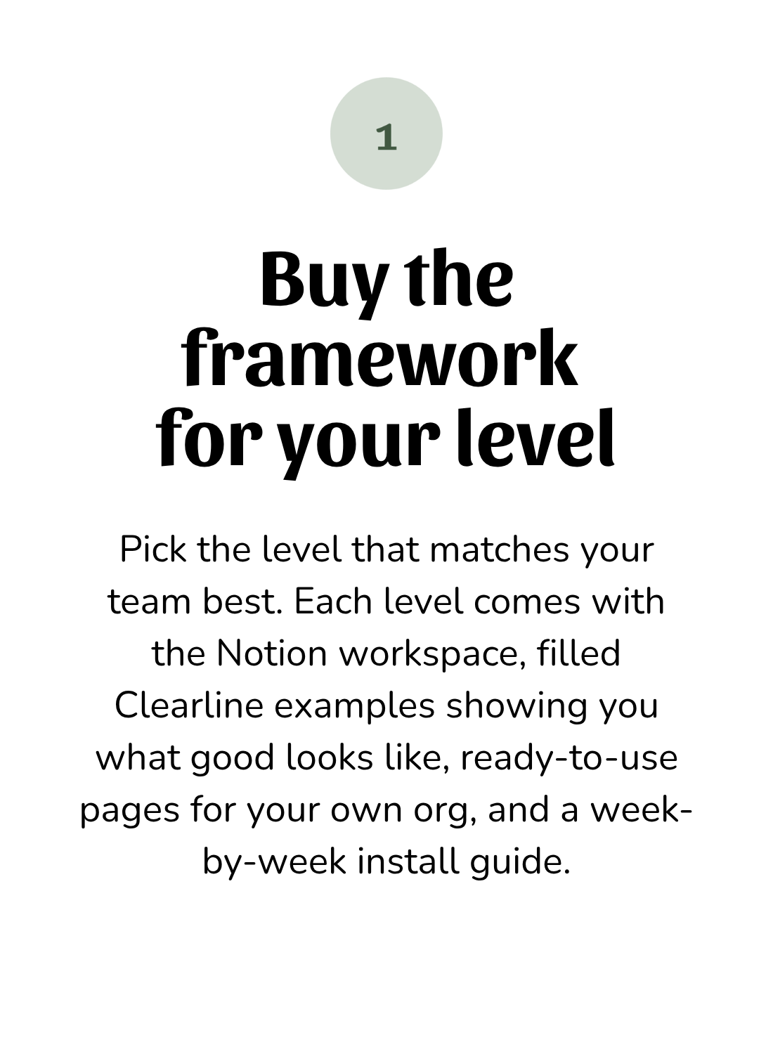Guide for buying the appropriate framework level for a team, with a light green circle numbered 1 at the top and instructions to pick the level that matches the team best, using Notion workspace examples and a weekly install guide.
