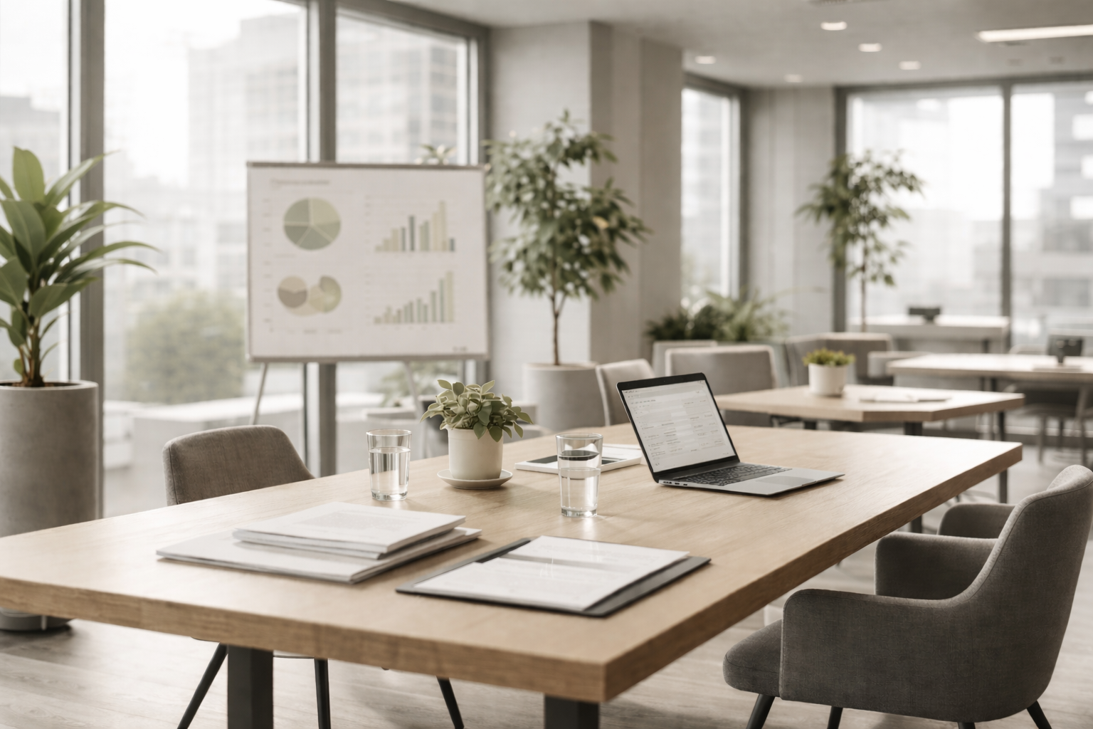 Modern office conference room with wooden table, laptop, glasses of water, plants, research graphs and charts, and large windows with city view.