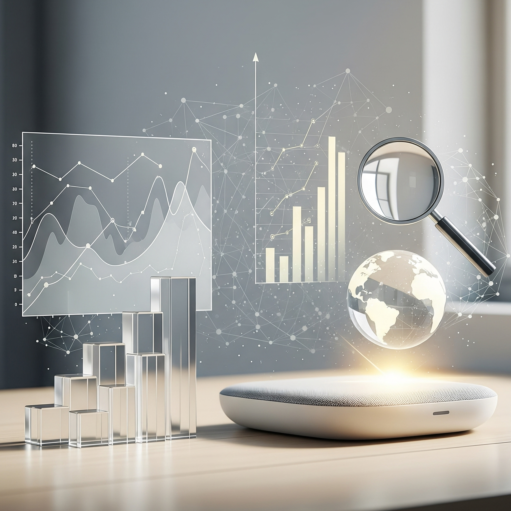 A holographic display of insights charts, bar graphs, and a globe, with a magnifying glass hovering over the display, on a table.
