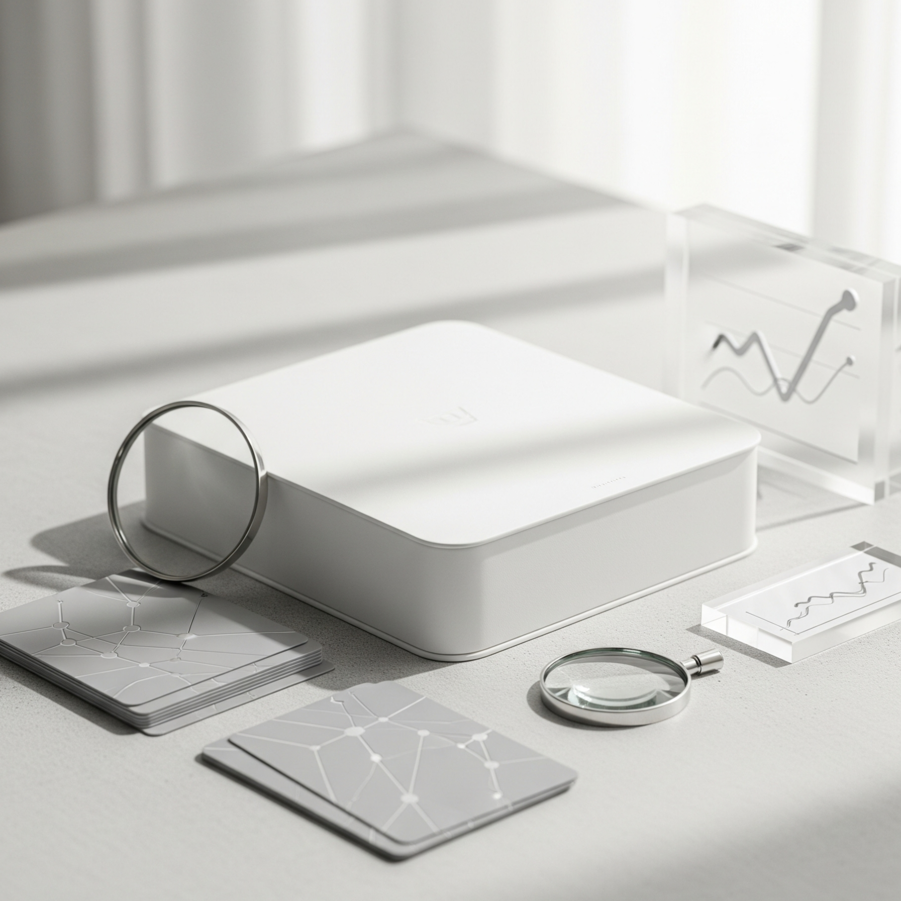 Scientific laboratory setup with test tubes, a magnifying glass, and data charts on a white table.
