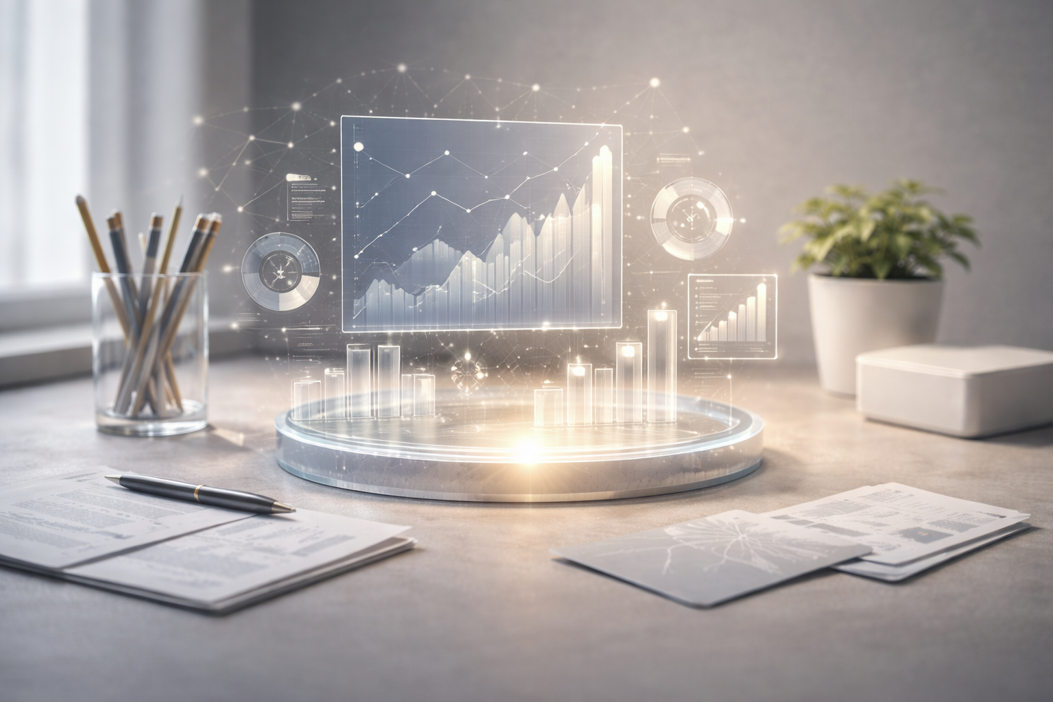 A futuristic holographic display showing various data graphs and charts on a desk with papers, a pen, a plant, and office supplies.