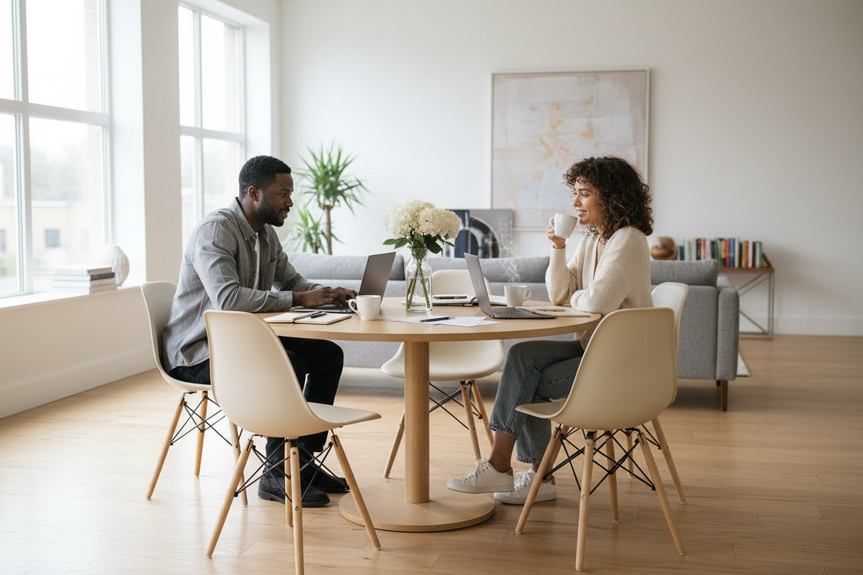 Two people sitting at a round table in a bright, modern room with large windows, working on laptops and having coffee, with a vase of white flowers on the table.