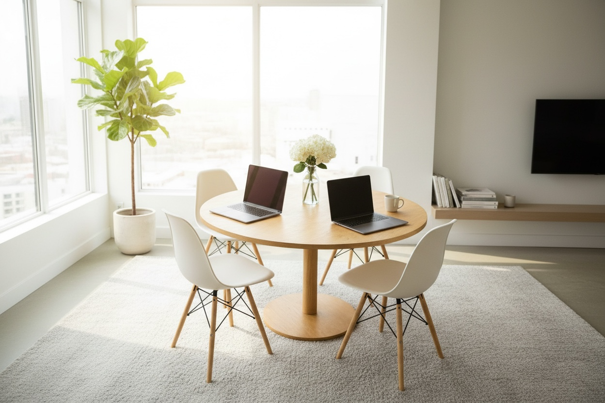 A modern dining or workspace area with a round wooden table, four white chairs, two open laptops, a white vase with white flowers, a coffee mug, and a large potted plant by the window.