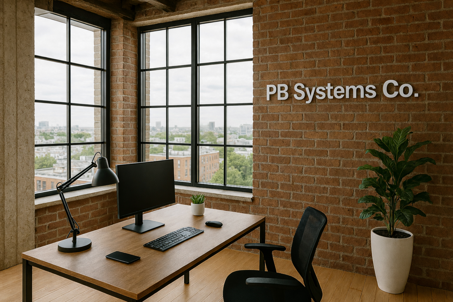 An industrial-style office with large windows showing a city view, a wooden desk with a computer monitor, keyboard, mouse, desk lamp, and a small plant. A black office chair and a large potted plant are also visible, with a brick wall that displays the words 'PB Systems Co.'