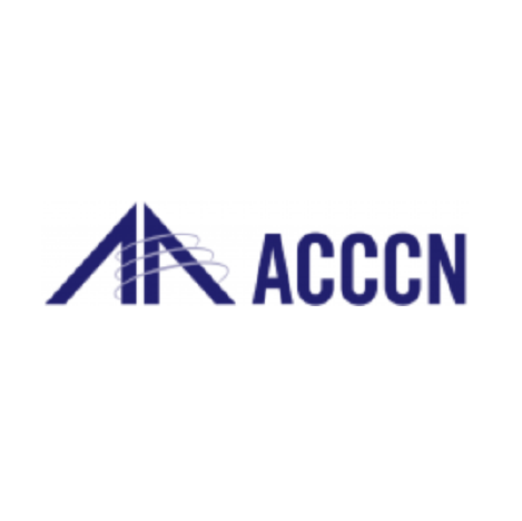 Logo of ACCCN with a stylized blue and white triangular design and the text 'ACCCN'