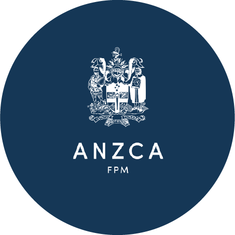 Circular logo with the Australian coat of arms above the text 'ANZCA FPM' on a dark blue background.