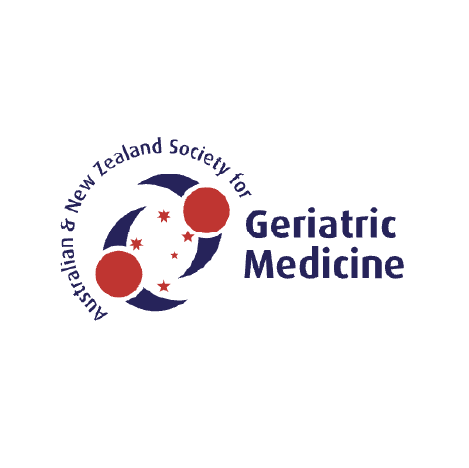 Logo of the Australian and New Zealand Society for Geriatric Medicine, featuring two stylized red circles connected by a curved dark blue line, with five small red stars between and around them, and the society's name encircling the design.
