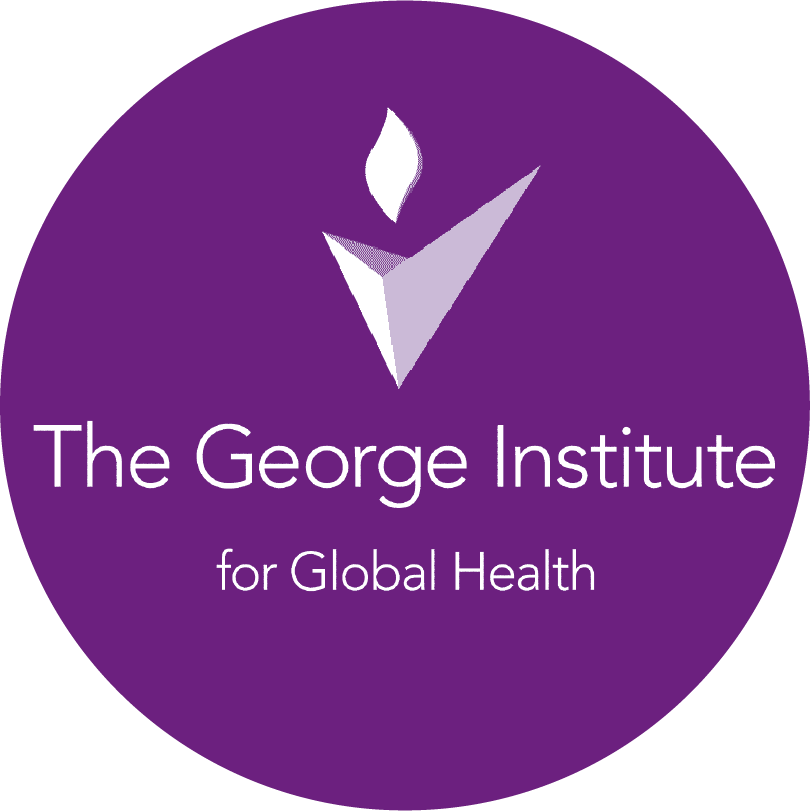Purple circle logo with a white check mark and a torch above it, and white text that reads "The George Institute for Global Health".