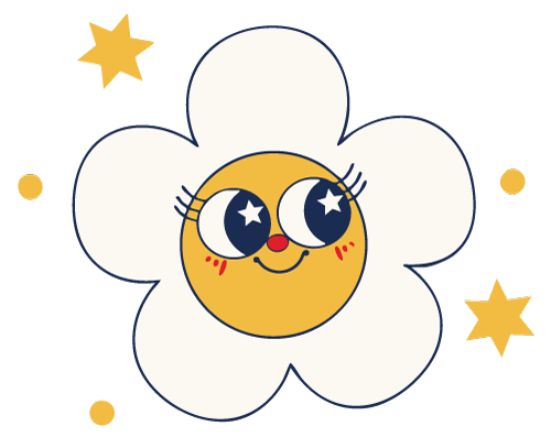 Cute cartoon flower character with a smiling face, large eyes with star-shaped highlights, a red nose, and blushing cheeks, surrounded by small yellow stars and dots on a black background.