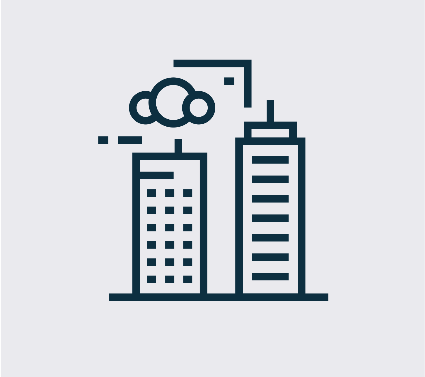 Icon representing building design automation showing connected commercial buildings and cloud integration, symbolising automated BIM workflows and computational design for AEC firms