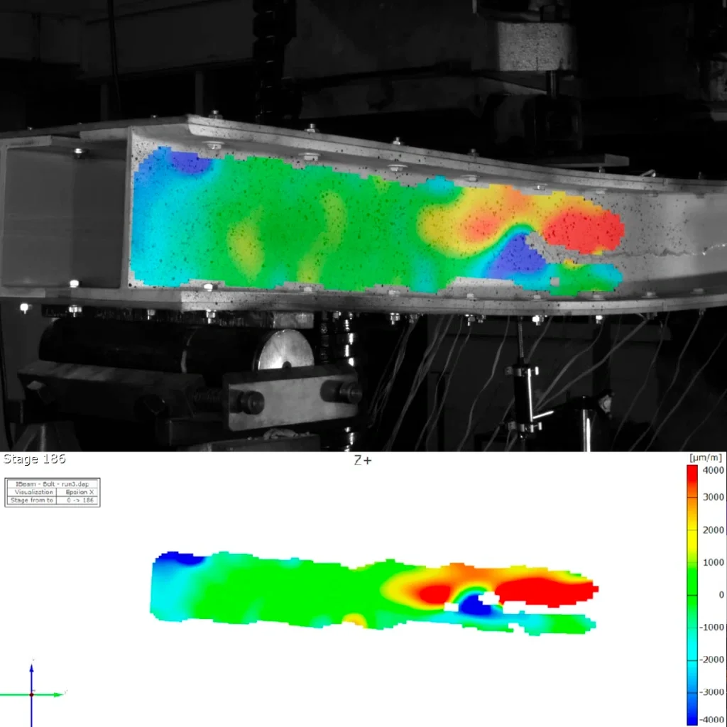Digital image (ARAMIS) strain analysis of a structural beam under load testing, showing stress distribution heatmap used in structural engineering research by Dr. Sindu Satasivam