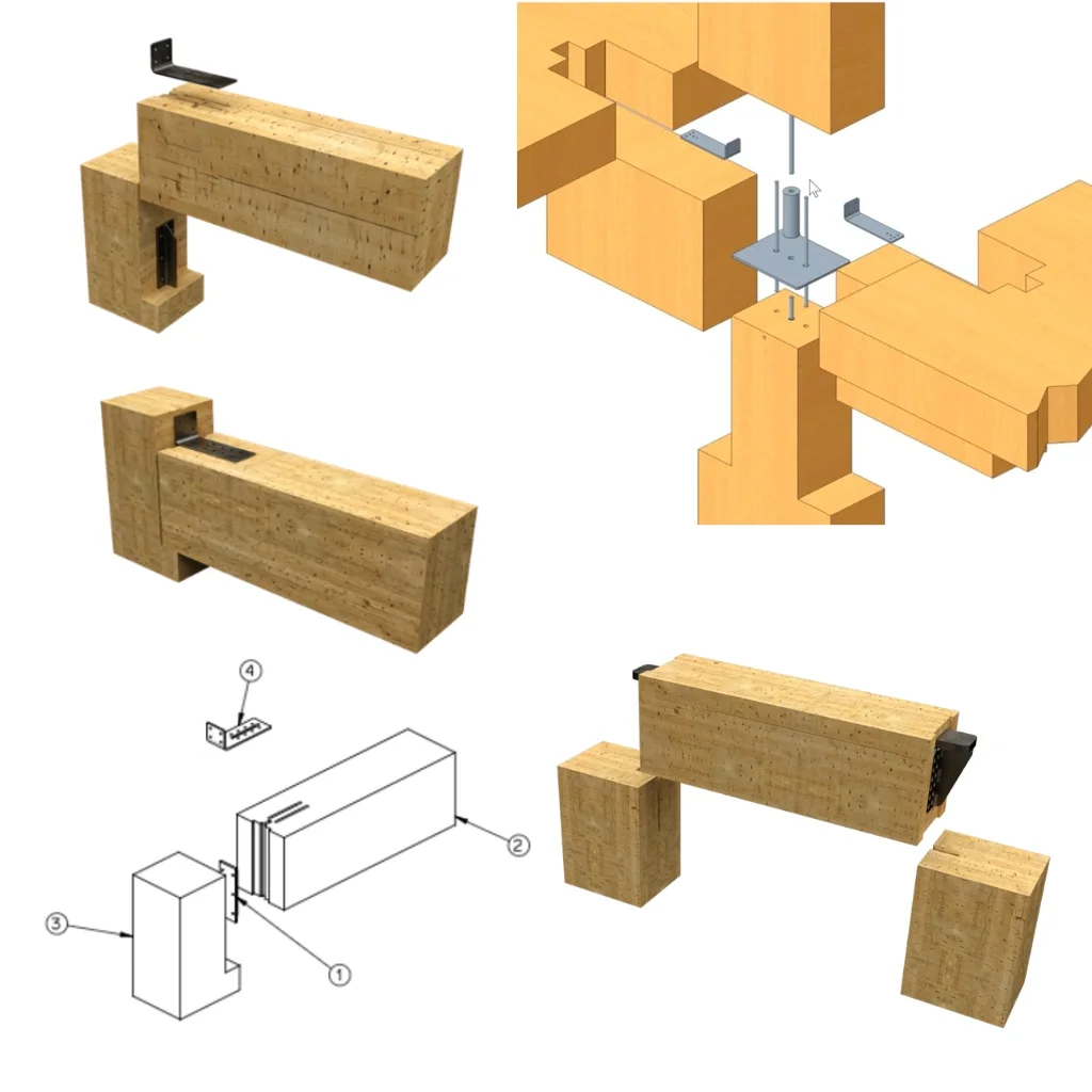 Engineering diagram and 3D models of modular timber structural connections and kit-of-parts system showing DfMA prefabrication components, joints, and assembly configurations for modern methods of construction