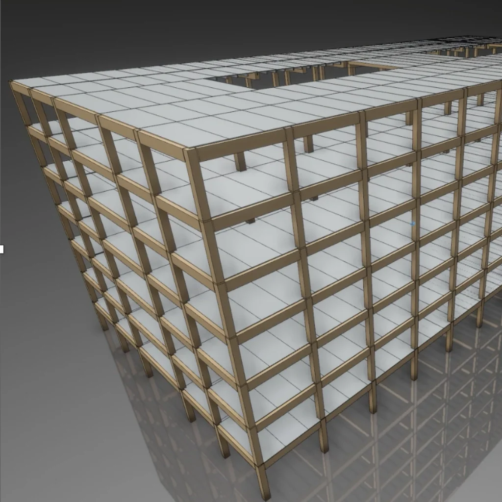 3D BIM structural grid model showing automated multi-storey timber framing layout, representing computational design automation and parametric structural engineering for building design workflows