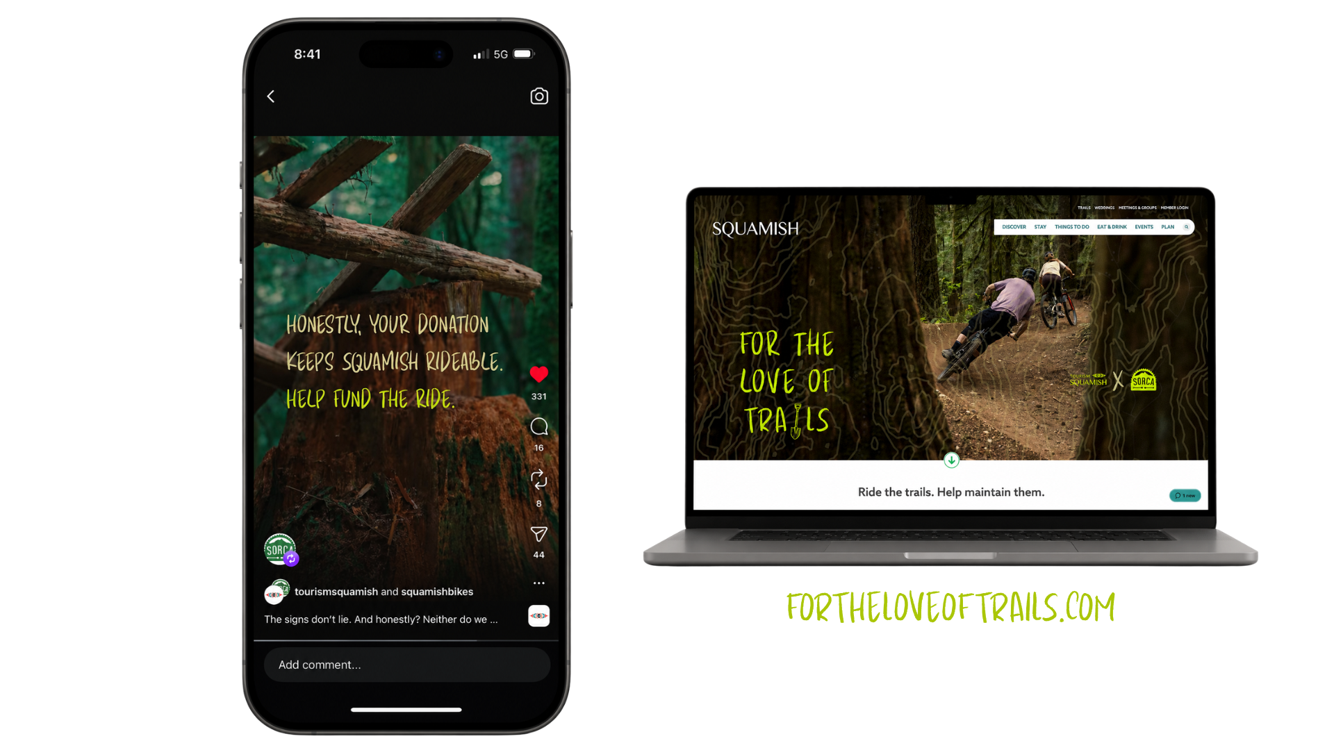 Smartphone and laptop screens displaying Squamish trail biking promotional content. The phone shows a nature scene with an overlaid donation message, and the laptop shows a trail biking website with an image of bikers on a dirt trail surrounded by trees.
