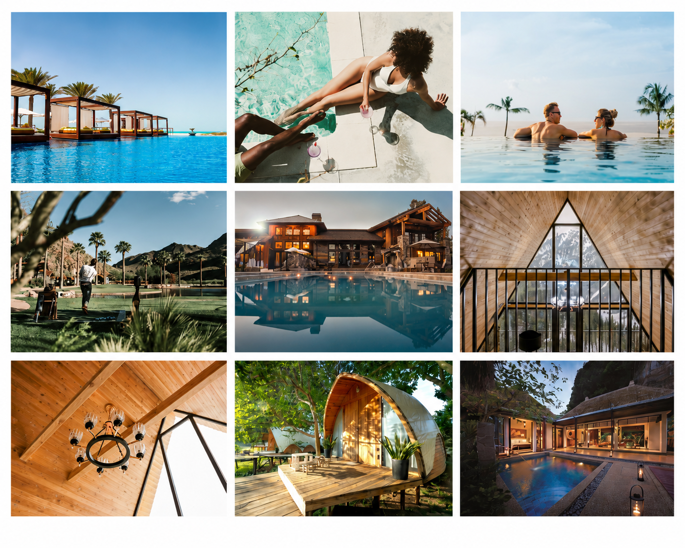 Collage of nine images showcasing a luxury resort with pools, lakeside views, outdoor and indoor accommodations, and lush greenery.