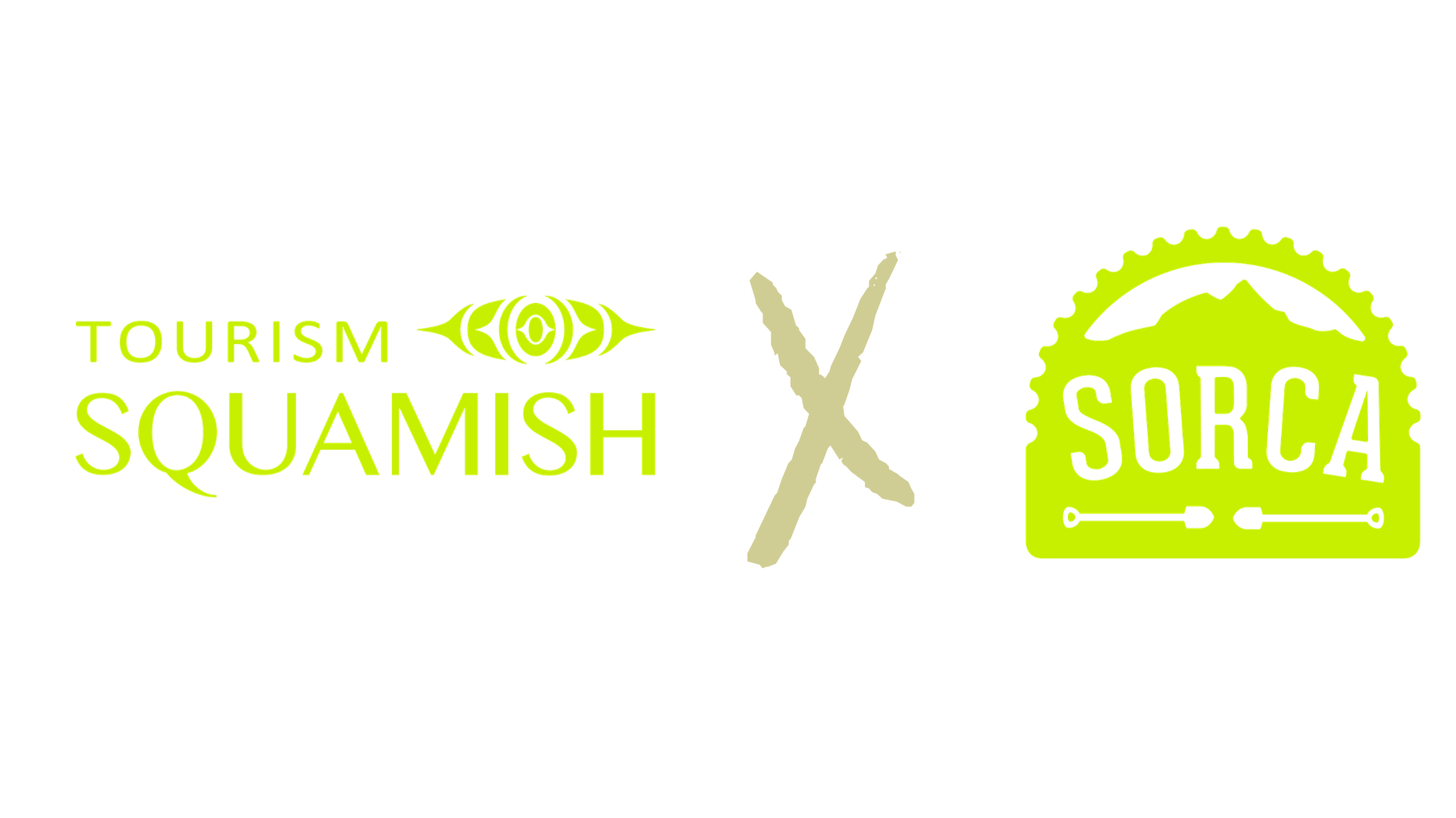 Logo for Tourism Squamish versus Sorca featuring contrasting green and black colors with icons and text.