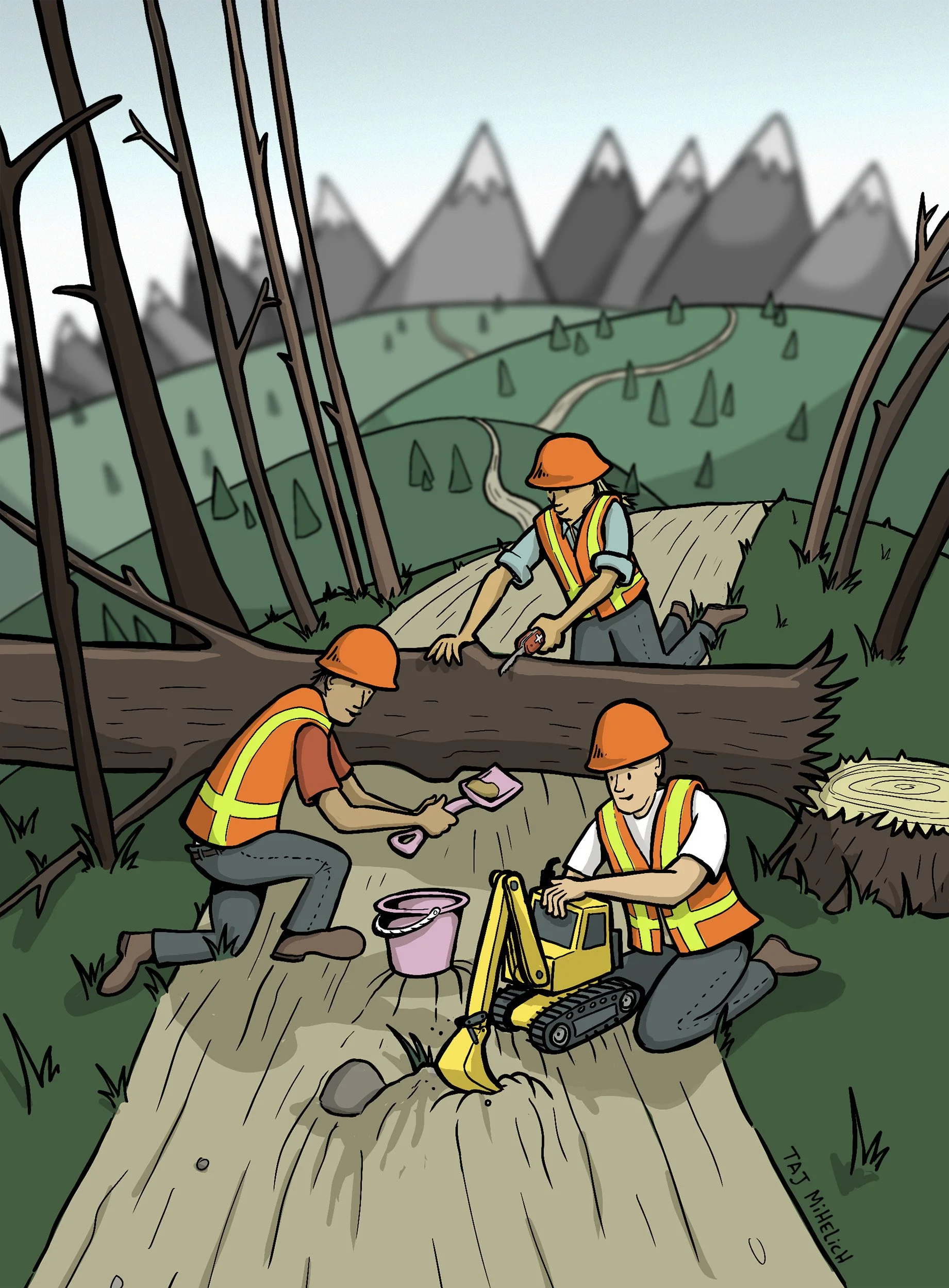 Construction workers in safety vests and helmets are installing a pipe underground in a mountainous outdoor landscape with trees and mountains in the background, using a small tracked excavator and hand tools.