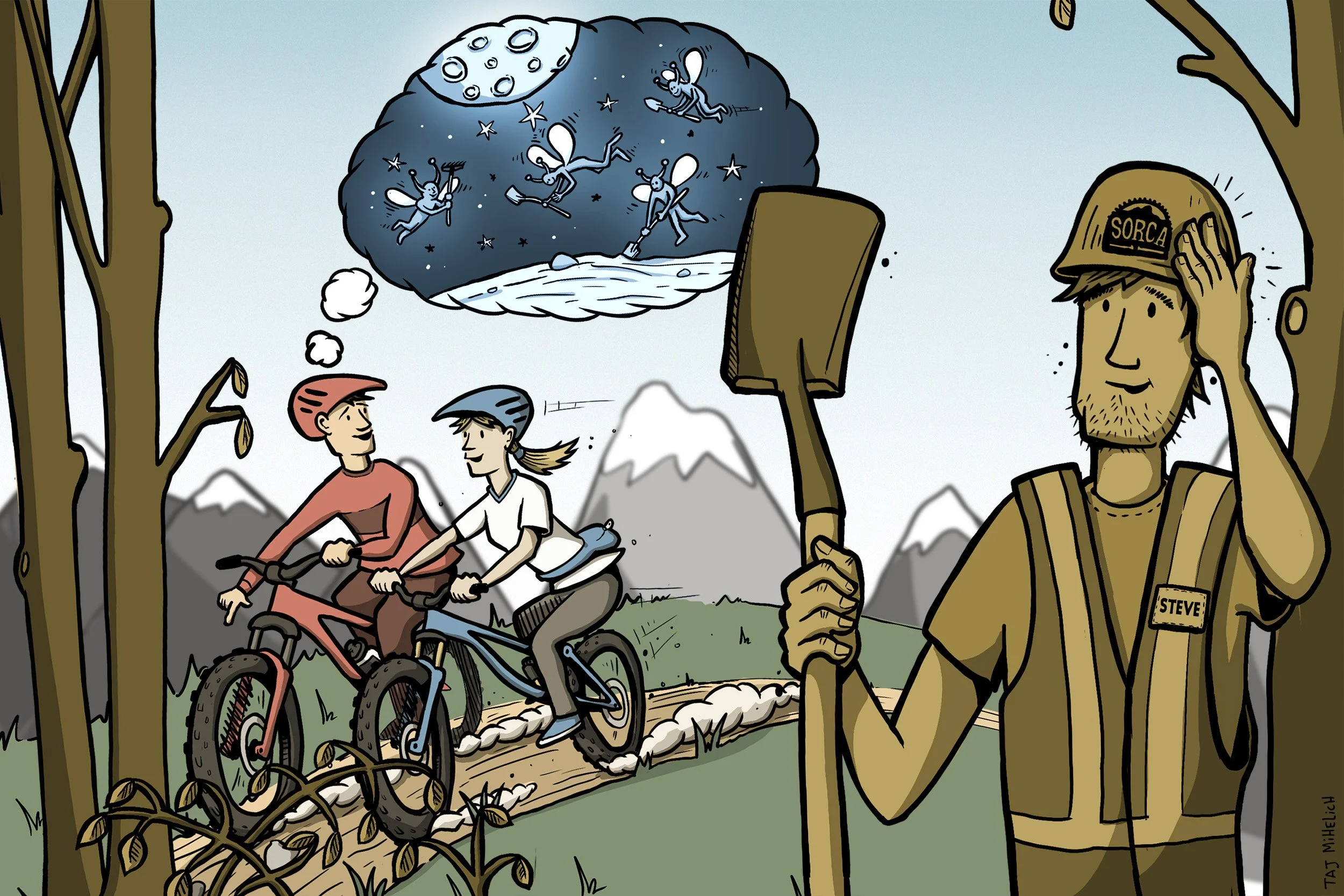 A cartoon scene of two people mountain biking on a trail in the mountains, with a person in a yellow jacket and cap labeled 'Steve' standing at the side holding a shovel, and a thought bubble showing four fairies flying around a rainbow and a moon against a starry sky.
