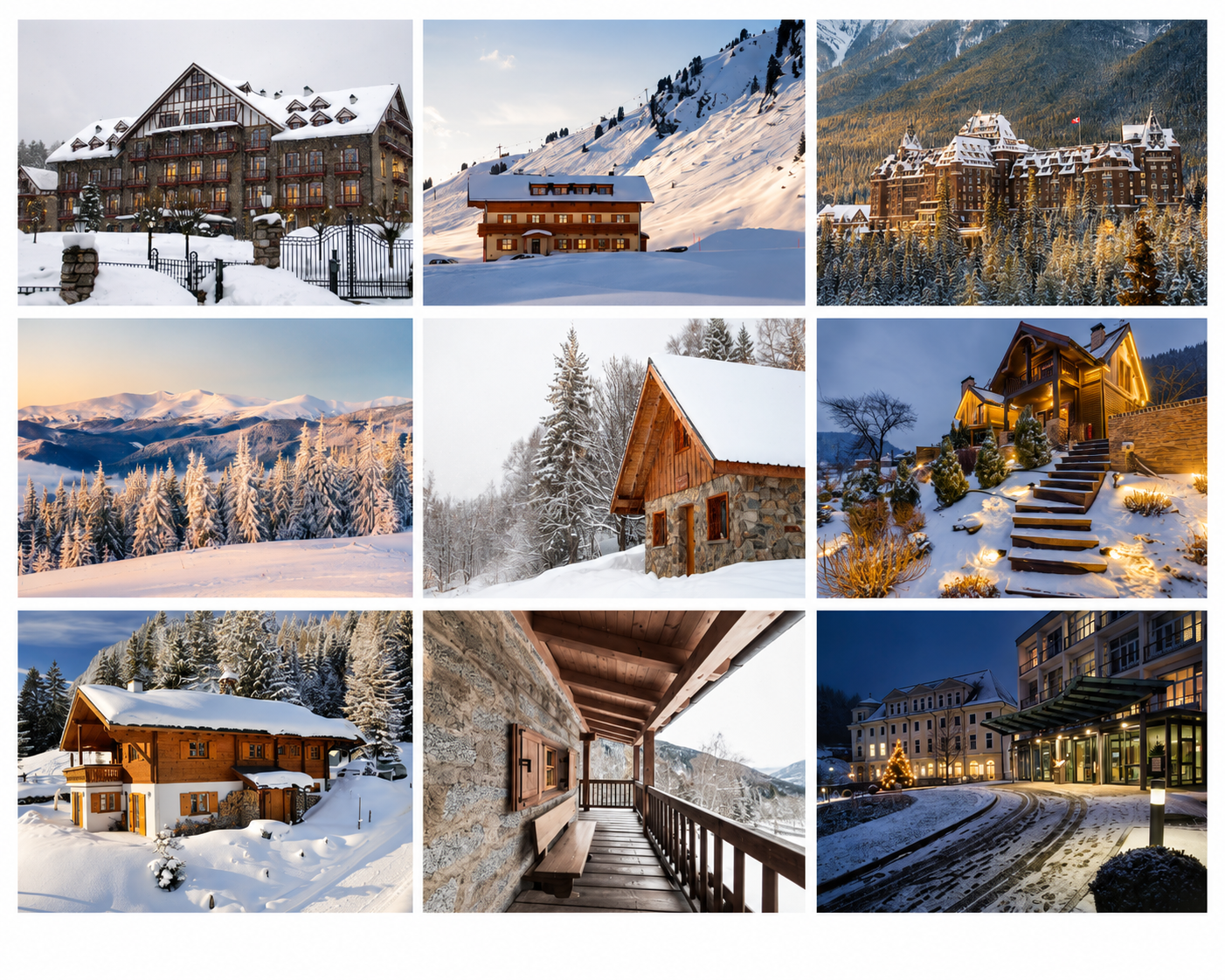 Collage of nine images of snow-covered buildings and mountain landscapes during winter, featuring hotels, cabins, and scenic views with snow and trees.