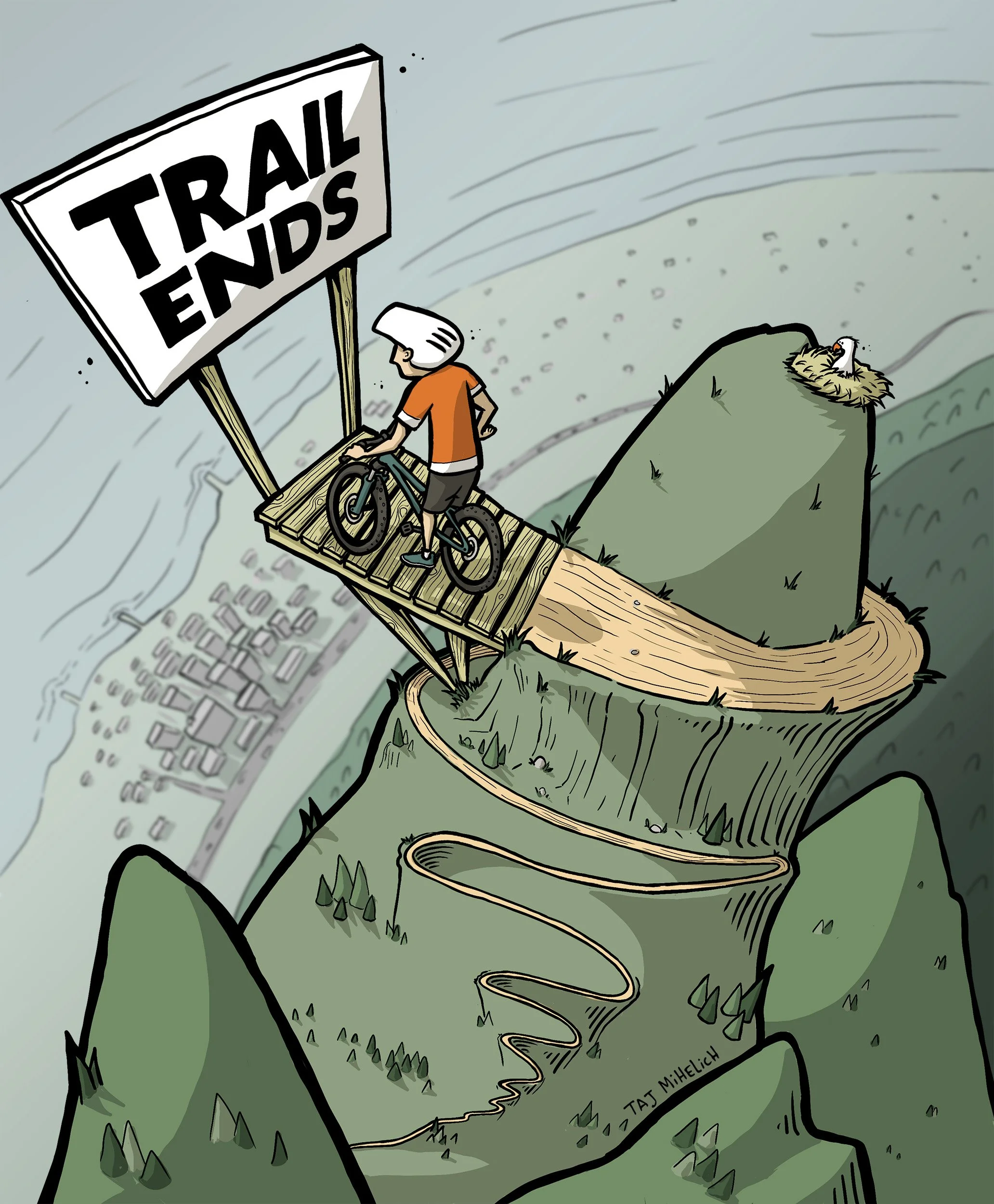 An illustrated map of a mountain with a trail leading to the summit. The mountain has a large sign at the top that says 'Trail Ends.' On the right side of the mountain, there is a nest with a bird inside. The map includes a winding trail from the bottom to the top and marks with the name 'Tat Mihlich'.