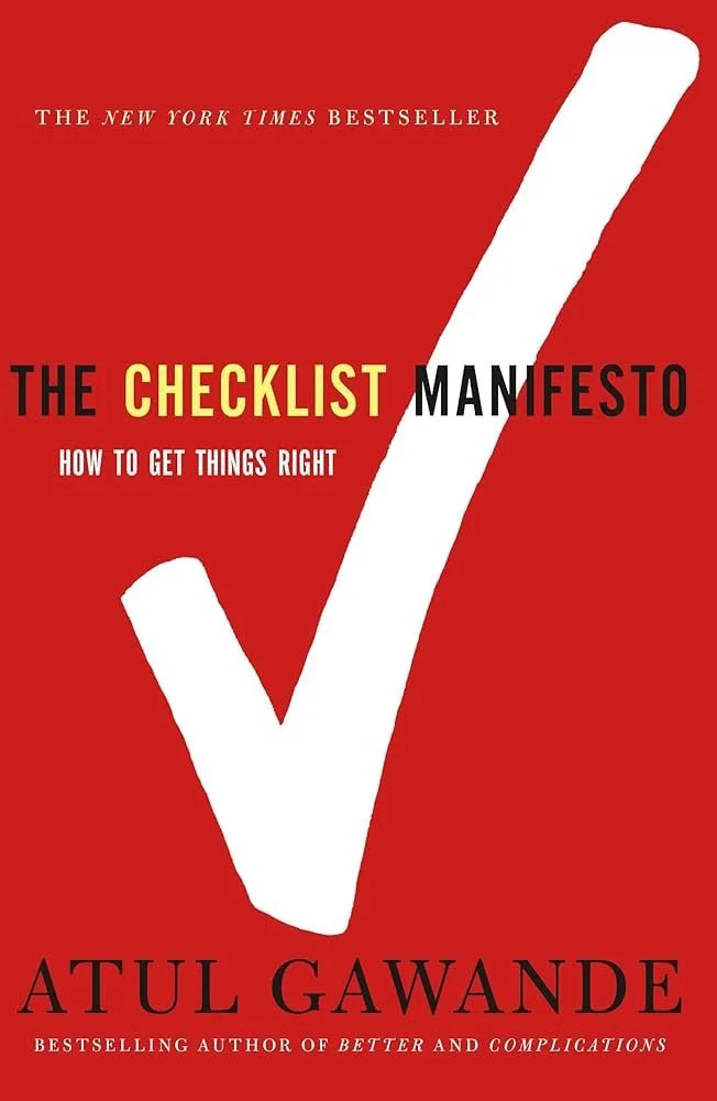 Book cover of 'The Checklist Manifesto' by Atul Gawande with a large white check mark on a red background.