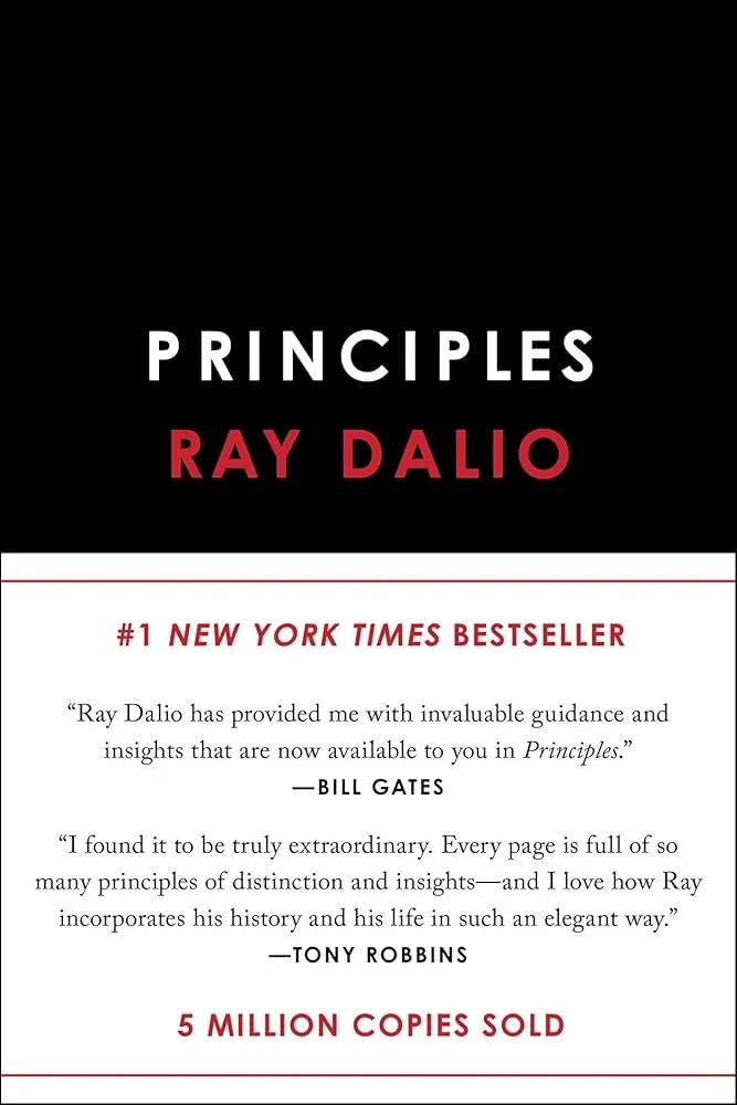 Cover of a book titled "Principles" by Ray Dalio, featuring quotes from Bill Gates and Tony Robbins, and noting 5 million copies sold.