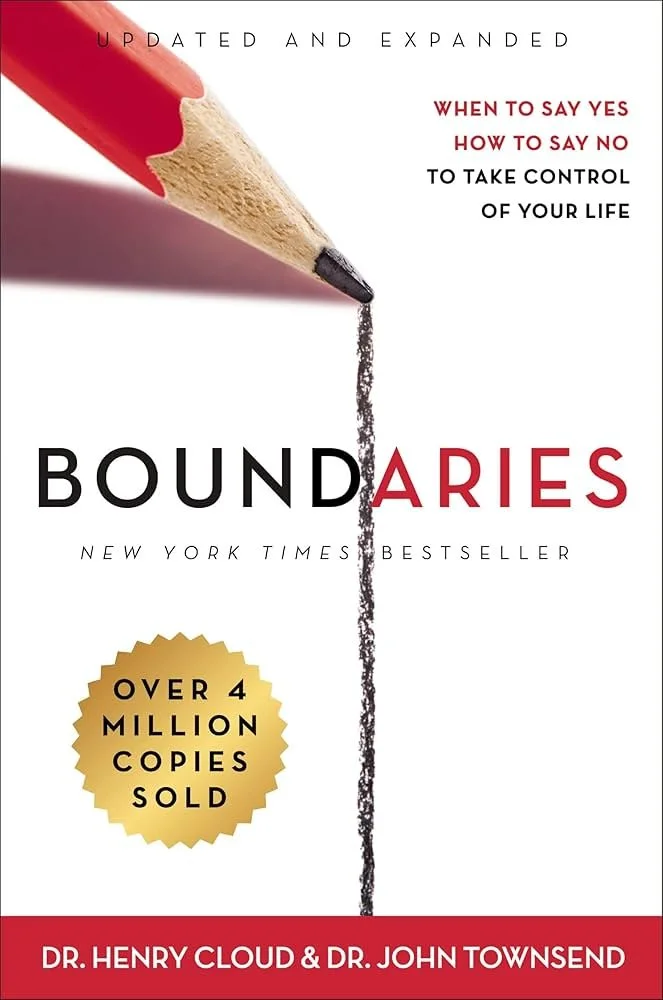 Book cover titled "Boundaries" with an image of a red pencil erasing a line, the subtitle "When to say yes, how to say no, to take control of your life," and a gold badge stating "Over 4 million copies sold." Author names Dr. Henry Cloud and Dr. John Townsend.