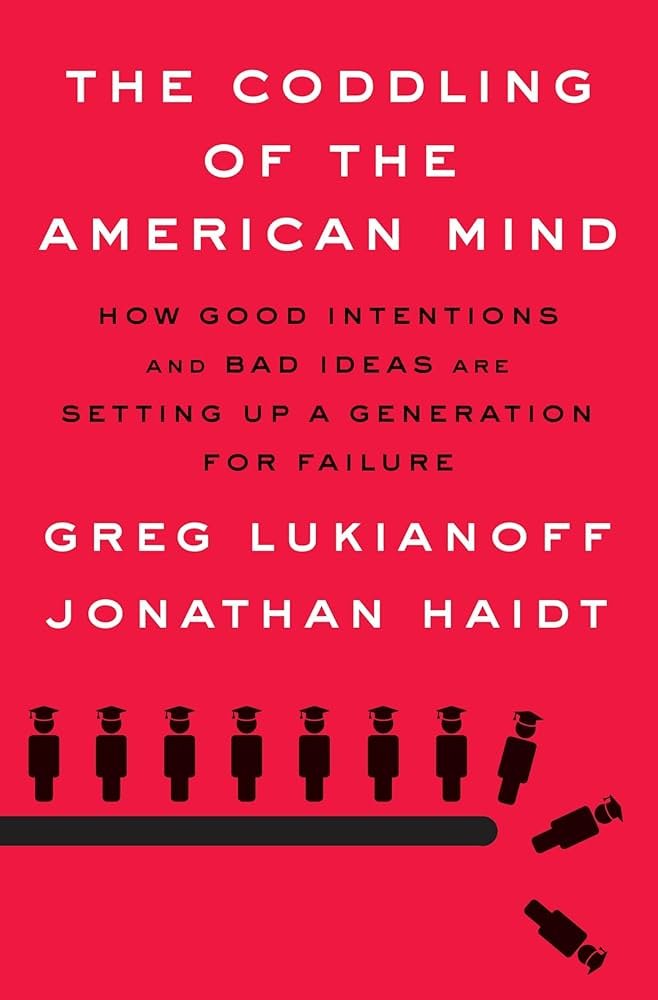 Red book cover titled 'The Coddling of the American Mind' by Greg Lukianoff and Jonathan Haidt, with a graphic of graduates in caps and gowns falling off a graduation line.