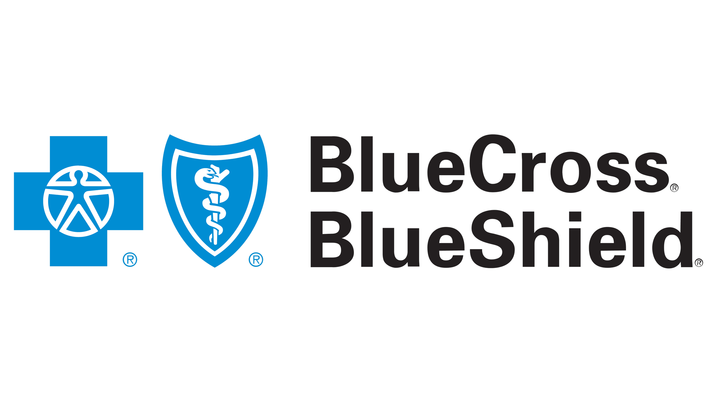 Logos of BlueCross BlueShield, featuring a white cross with a blue circle and a shield with a white caduceus symbol, and the text "BlueCross BlueShield" in black.