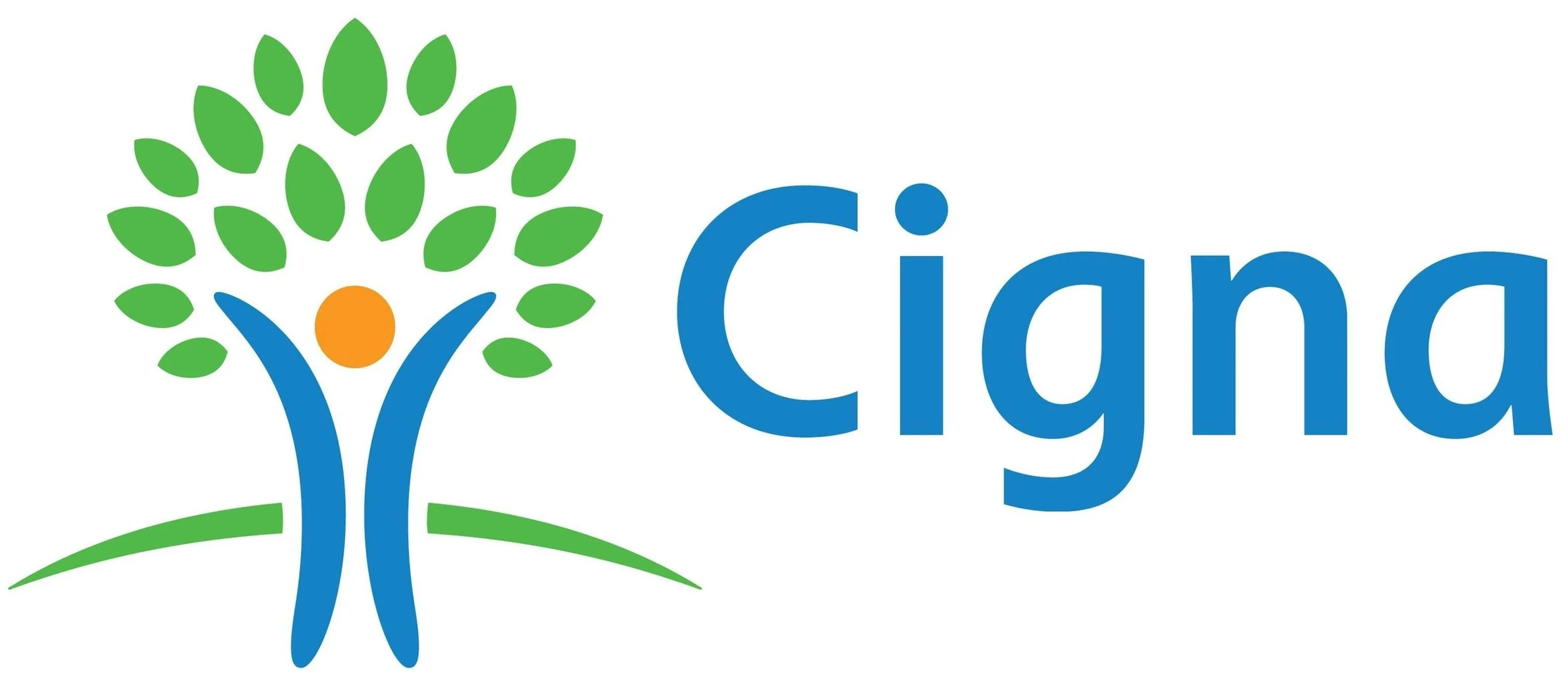 Logo with a stylized tree made of green leaves, blue branches, and an orange circle representing a person, next to the word 'Cigna' in blue text.