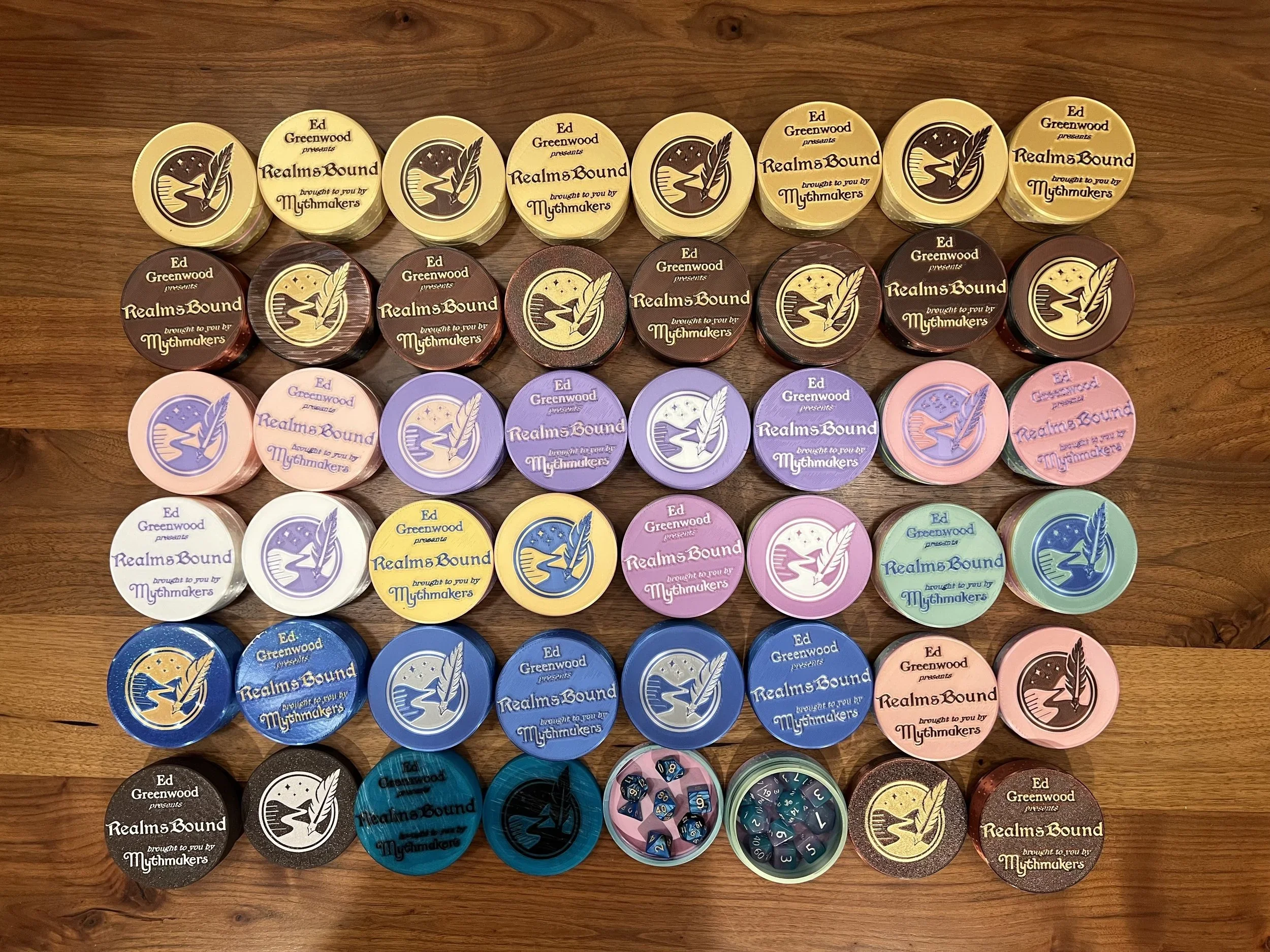 I designed and printed these "dice pucks" for Mythmakers as GenCon promotional handouts.