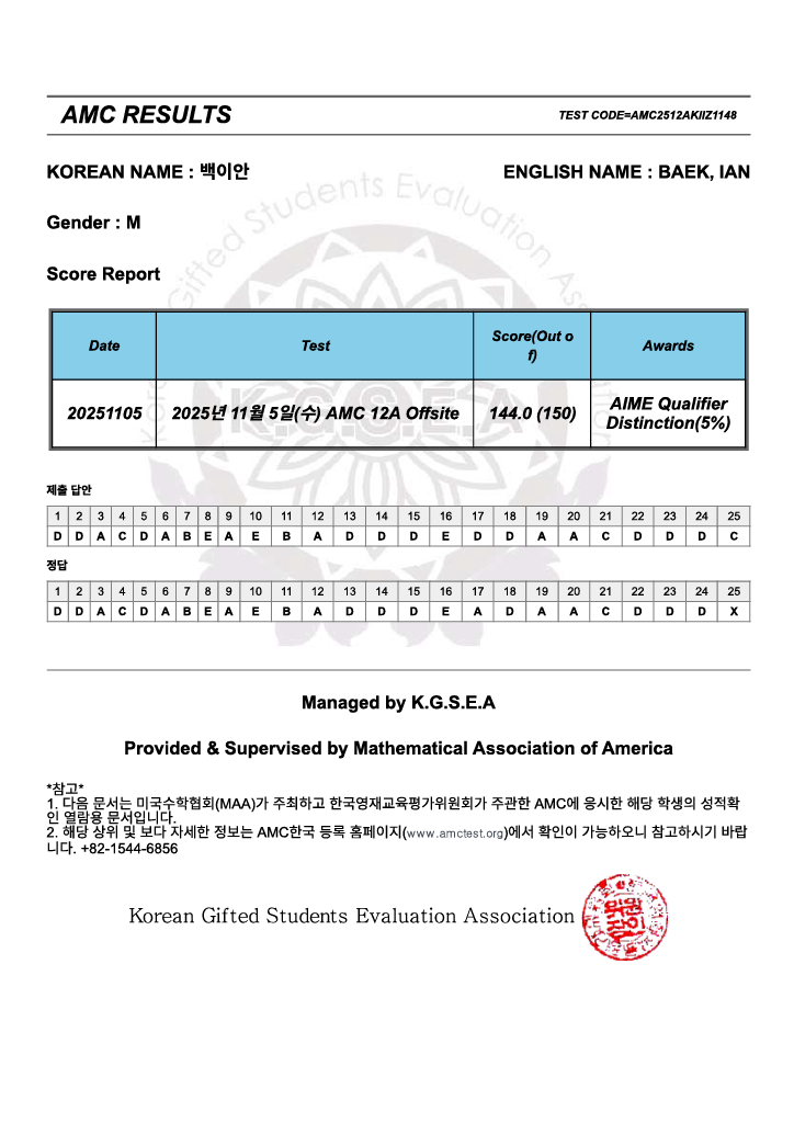 AIME – 144/150 points; AIME Qualifier (5%), Mathematical Association of America (Nov 2025)