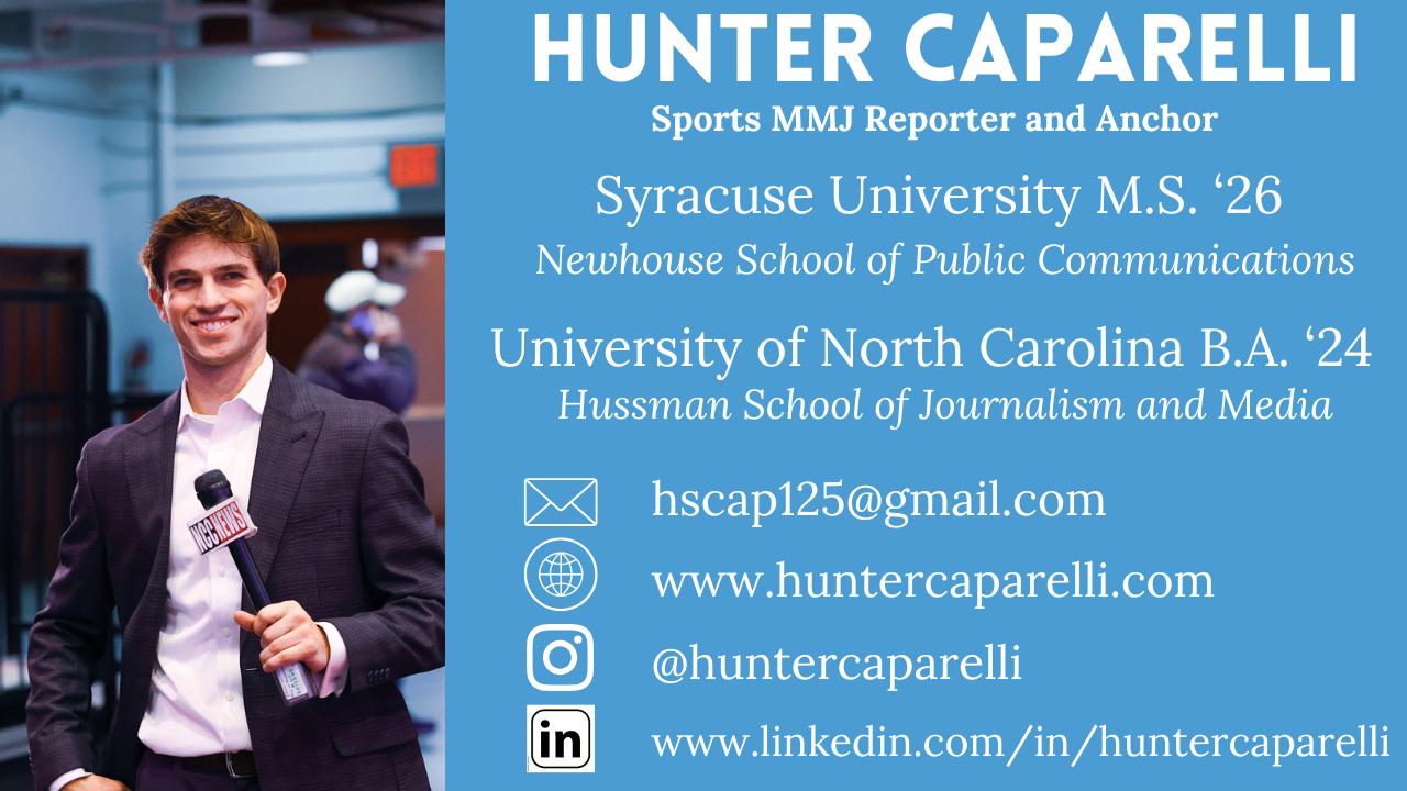 Business card featuring a smiling male reporter holding a microphone and contact information for Hunter Caparelli, including email, website, Instagram, and LinkedIn, with text about his educational background.