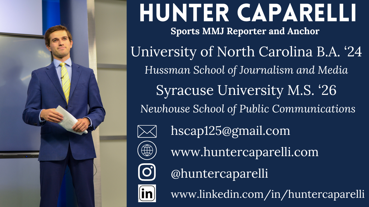 Business card for Hunter Caparelli, a sports journalist and anchor. The card displays his educational background, contact information, and social media handles. There is a photo of Hunter Caparelli standing in a professional setting, wearing a blue suit and yellow tie, holding a paper.