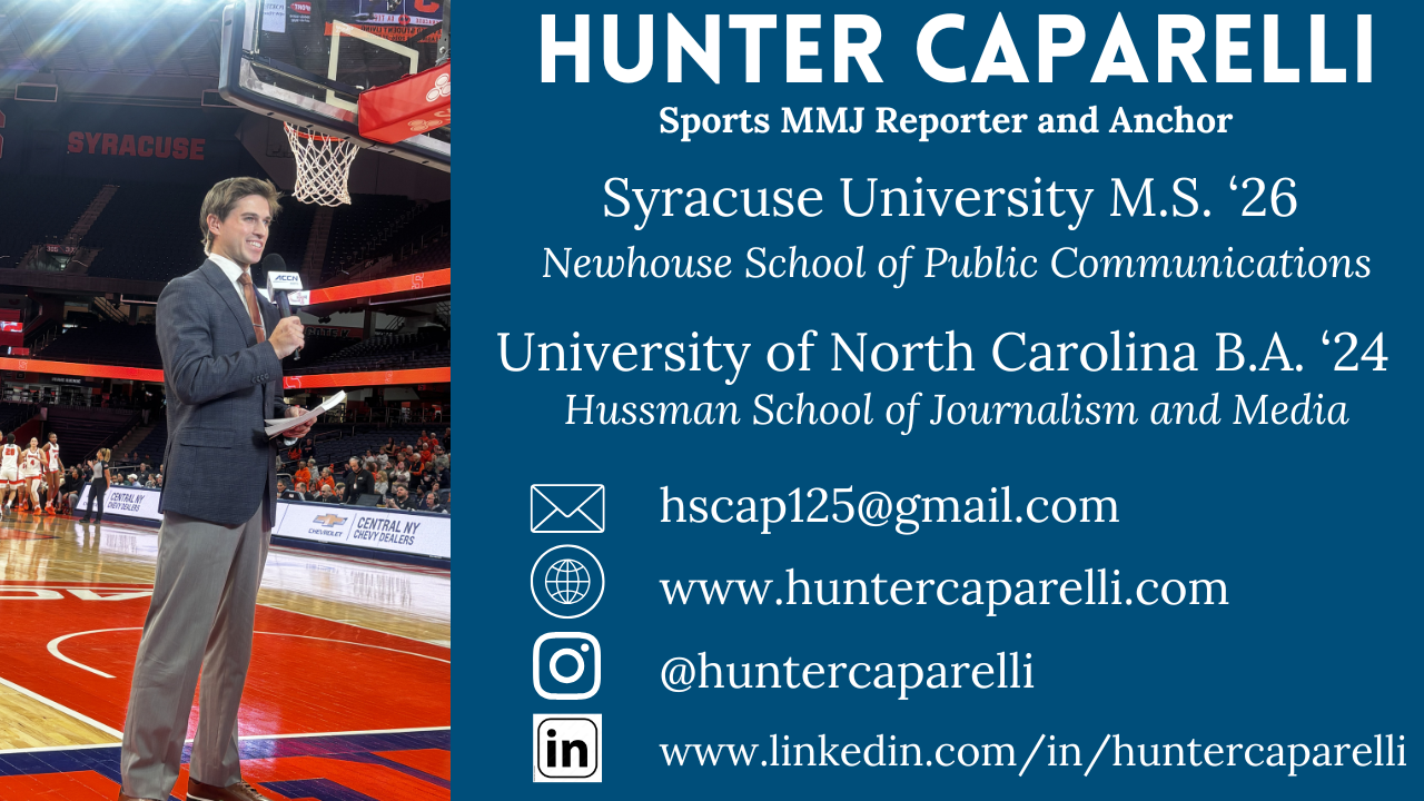Business card for Hunter Caparelli with photo of him reporting at a basketball game on the left side, showing gymnasium, basketball hoop, and players, and contact information on the right side.
