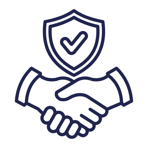 Outline of a handshake with a shield and checkmark above it.