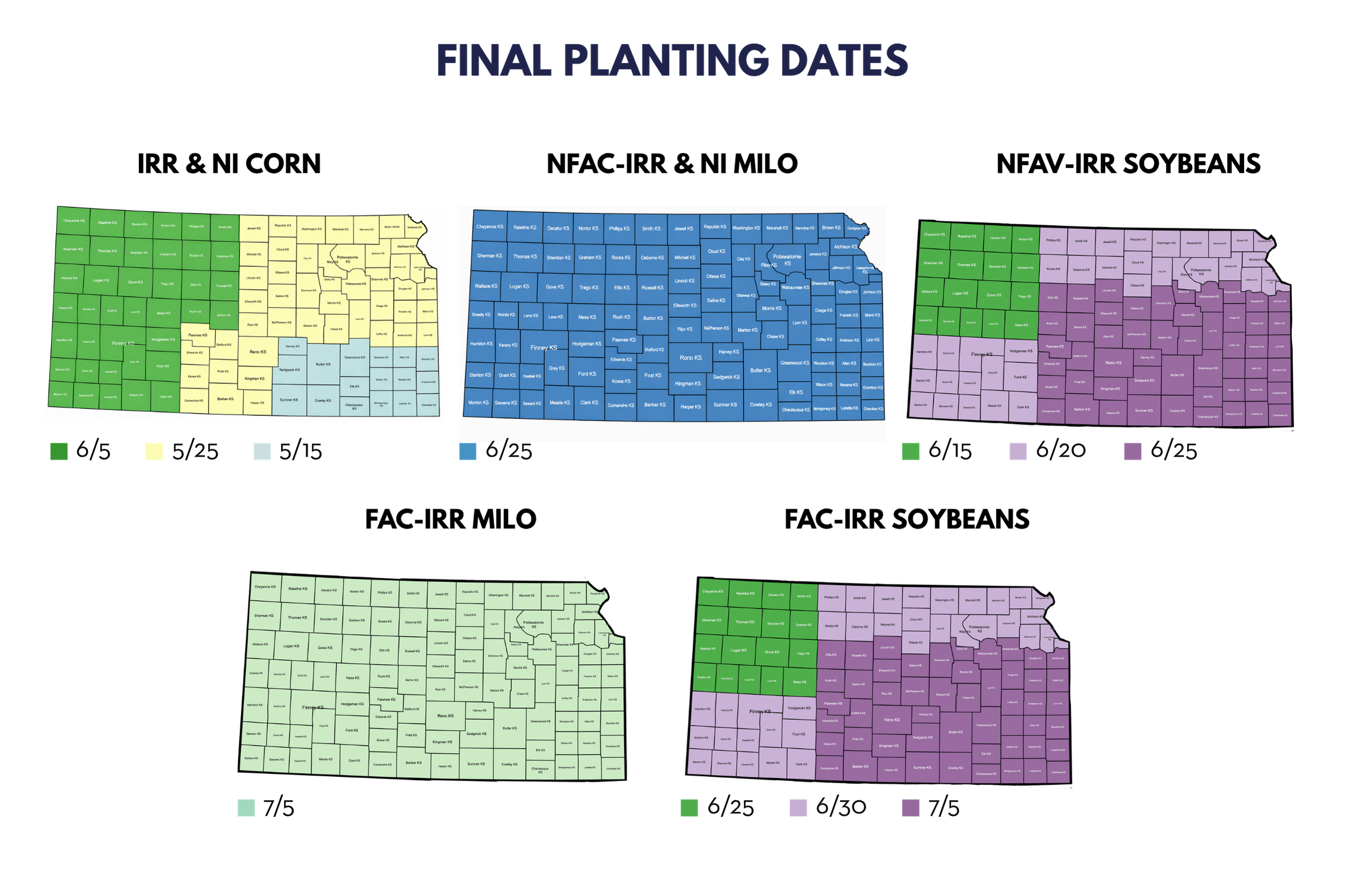Map of Kansas divided into color-coded regions with planting dates for spring and fall. The top section shows planting dates for spring in yellow, blue, purple, and green regions. The bottom section displays fall planting dates using similar color coding. The map includes county boundaries and labels.