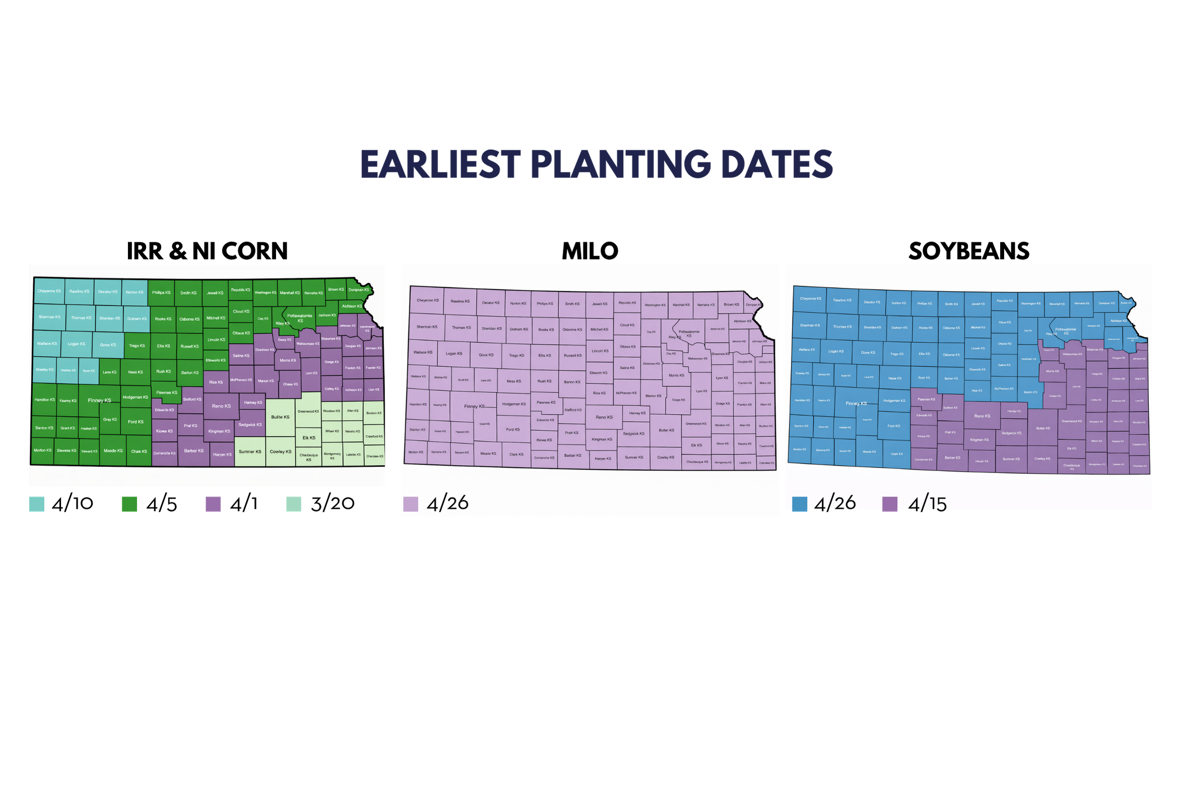 Map of Kansas showing earliest planting dates for different regions, color-coded by date ranges, with legend indicating green for March 28-April 10, purple for April 11-25, and blue for April 26-May 10.