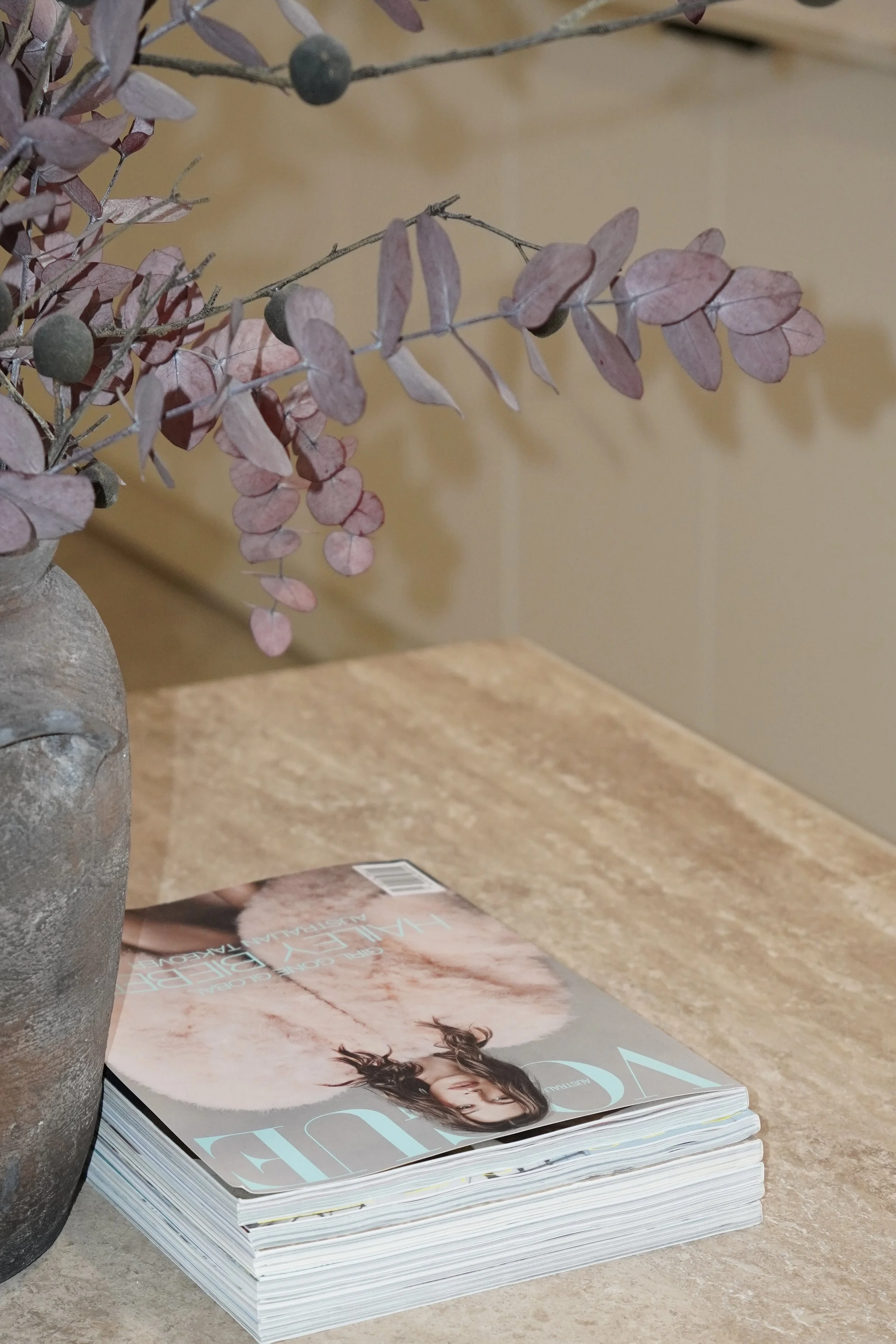 Stack of fashion magazines with a model on the cover, resting on a beige surface. A gray textured vase and a decorative twig with pinkish purple leaves and small round berries are positioned nearby.