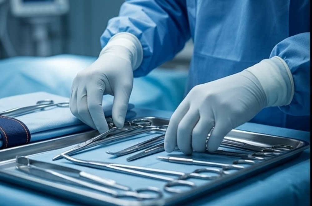 Surgical gloved hands arranging instruments on a sterile tray