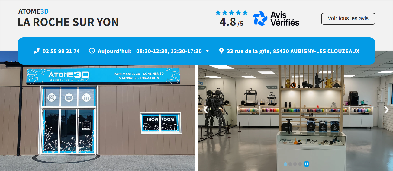 Facade et intérieur d'un magasin ATOME3D, spécialisé dans les imprimantes 3D, scanners 3D, matériaux et formations, situé au 33 rue de la gîte à Aubigny-les Clouzeaux.