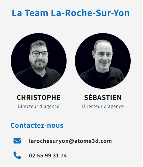 Carte de visite de l'équipe La Roche-sur-Yon avec des photos de Christophe et Sébastien, directeurs d'agence, et leurs coordonnées.