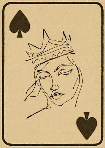A playing card with a minimalist illustrative contour line drawing of the Queen of Spades, a woman wearing a crown, featuring a spade symbol in the top left corner and a spades symbol in the bottom right corner.